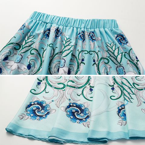 Sling Blue Jewelry Series Pattern Print One Piece Swimsuit and Skirt or Sarong	