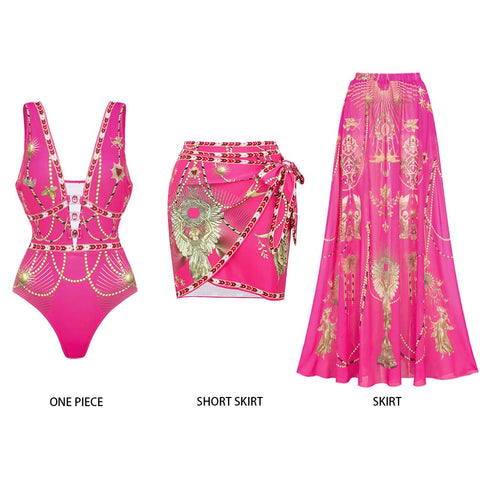 Hollow Metallic Pattern Printing One Piece Swimsuit and Skirt