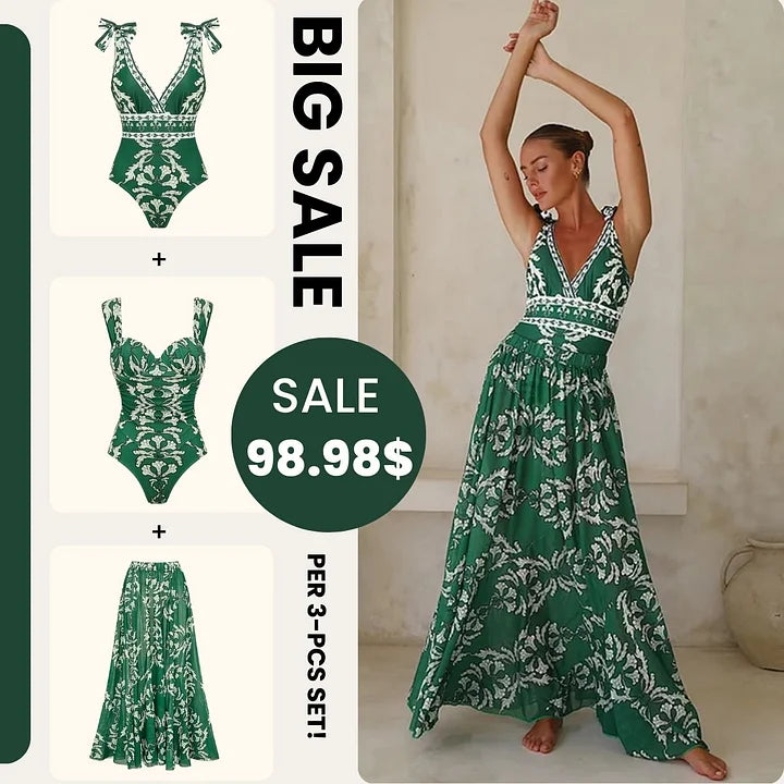 Sling Underwired Shirring Printed One Piece Swimsuit and Skirt	