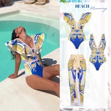 V Neck Pattern Print One Piece Swimsuit and sarong or Pants