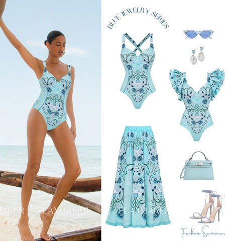 Sling Blue Jewelry Series Pattern Print One Piece Swimsuit and Skirt or Sarong	