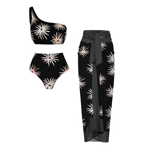 One Shoulder Printed Bikini Swimsuit and sarong