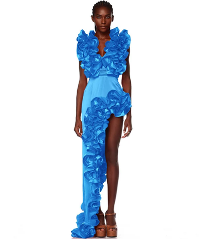 Frilled V Neck Blue One Piece Swimsuit and Skirt