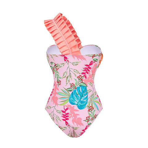 One Shoulder Floral Print One Piece Swimsuit and Skirt
