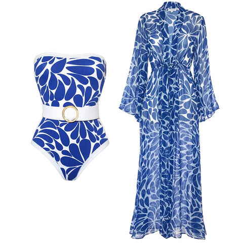 Bandeau Belted One Piece Swimsuit and Cover Up