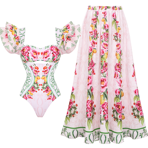Ruffle Cut Out Lemon Floral Pattern Print One Piece Swimsuit and Skirt