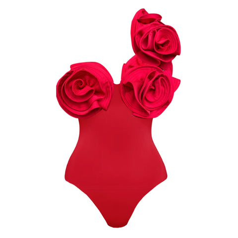 3D Flowers One Shoulder Red One Piece Swimsuit and Draped Mini Skirt Flaxmaker	