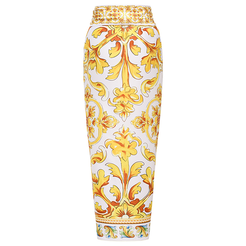 Ruffle V Neck  Golden Majolica Print One Piece Swimsuit and Scooter skirt