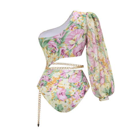 One Shoulder Cut out Blossom Printed One Piece Swimsuit and?skirt Flaxmaker	