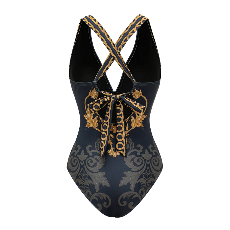 V Neck Gold Embroidery Decor One Piece Swimsuit and Skirt	