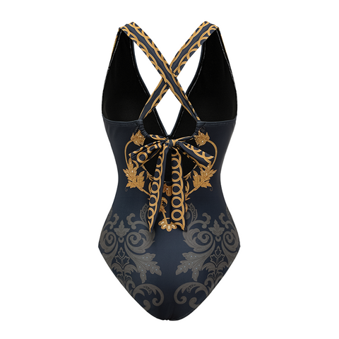 V Neck Gold Embroidery Decor One Piece Swimsuit and Skirt	