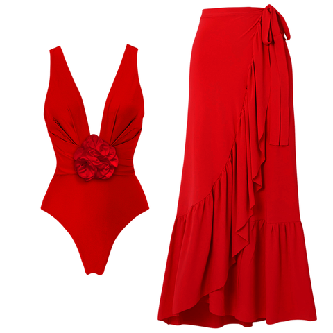 Halter 3D Flower One Piece Swimsuit and Skirt