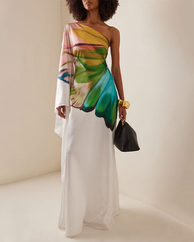 Oblique Shoulder Papillon Print Dress