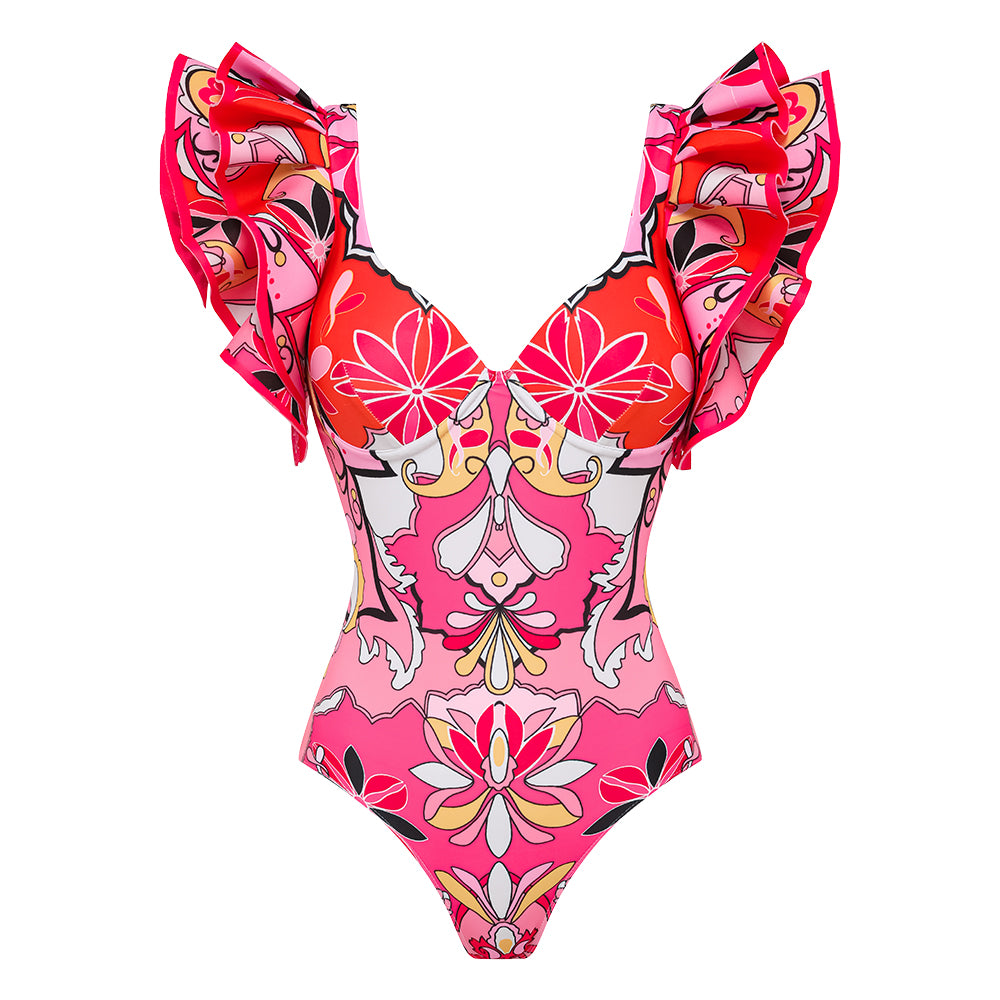 Ruffle Sleeves Red and Pink Pattern One Piece Swimsuit and Skirt	
