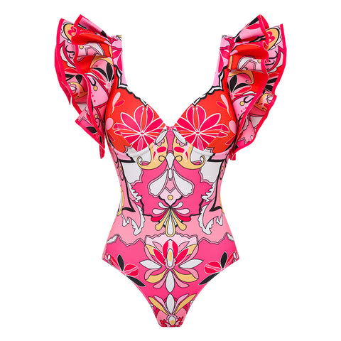 Ruffle Sleeves Red and Pink Pattern One Piece Swimsuit and Skirt	
