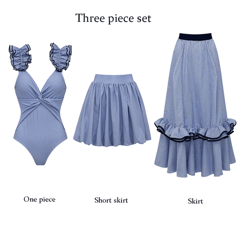 Adjustable Shoulder Strap Double Ruffle Blue Stripes Print One Piece Swimsuit and Skirt