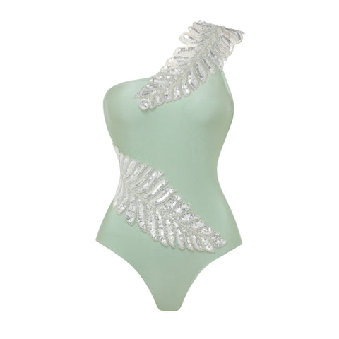 One Shoulder Sequin Leaf Embroidery One Piece Swimsuit and sarong