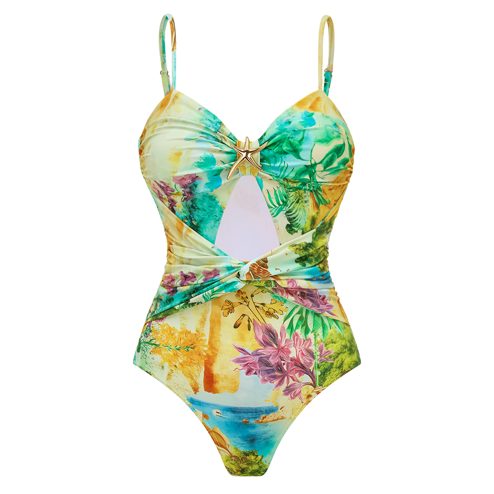 Landscape Prints Hollow One Piece Swimsuit and Skirt	