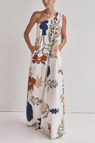 Oblique Shoulder  Printed Dress