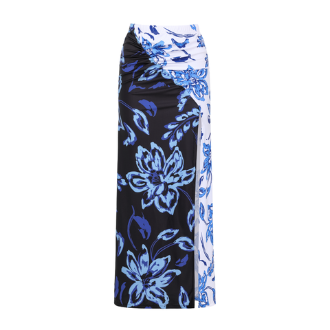 One Shoulder Color Block Printed One Piece Swimsuit and Skirt