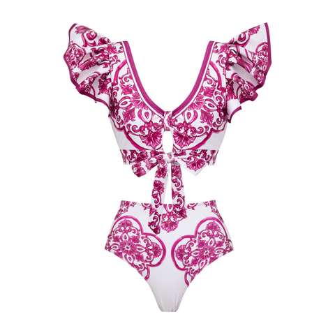 Ruffle Classic Majolica Series Pattern Print Bikini Swimsuit and Skirt or Shorts	