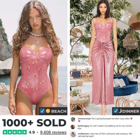 Pink Shiny Embroidered Butterfly One Piece Swimsuit and Split Skirt