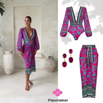 Long-sleeved Peacock Totem Print One Piece Swimsuit and sarong