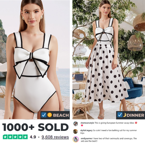 Bow Front Cutout Black and White One Piece Swimsuit and Skirt