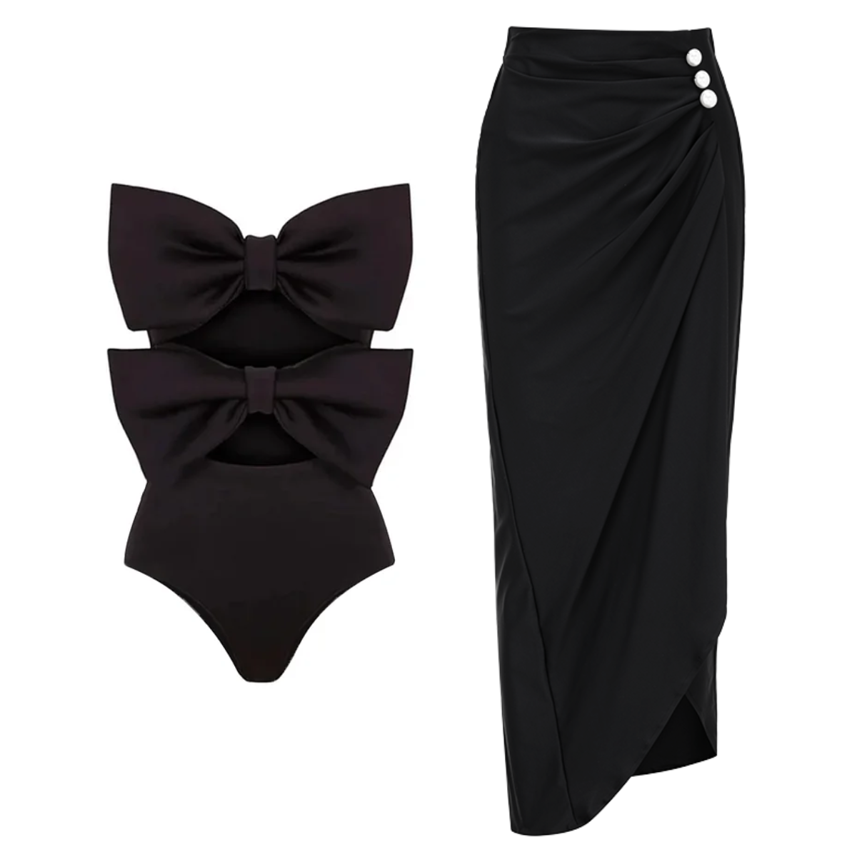 Bandeau Cutout Black One Piece Swimsuit and Skirt