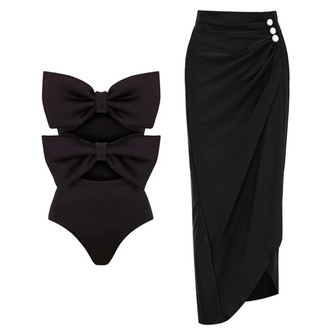 Bandeau Cutout Black One Piece Swimsuit and Skirt