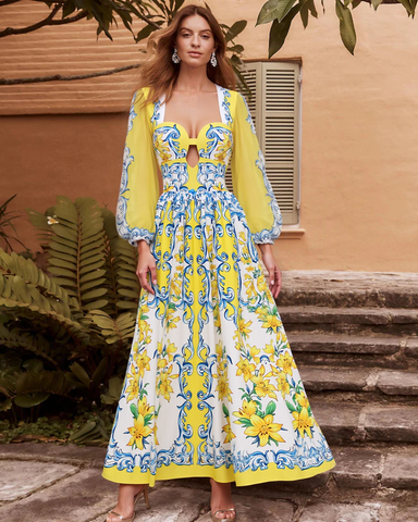 Printed Sicily Long Sleeved One Piece Swimsuit and Skirt	
