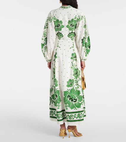 V Neck Retro Printed In Green Dress