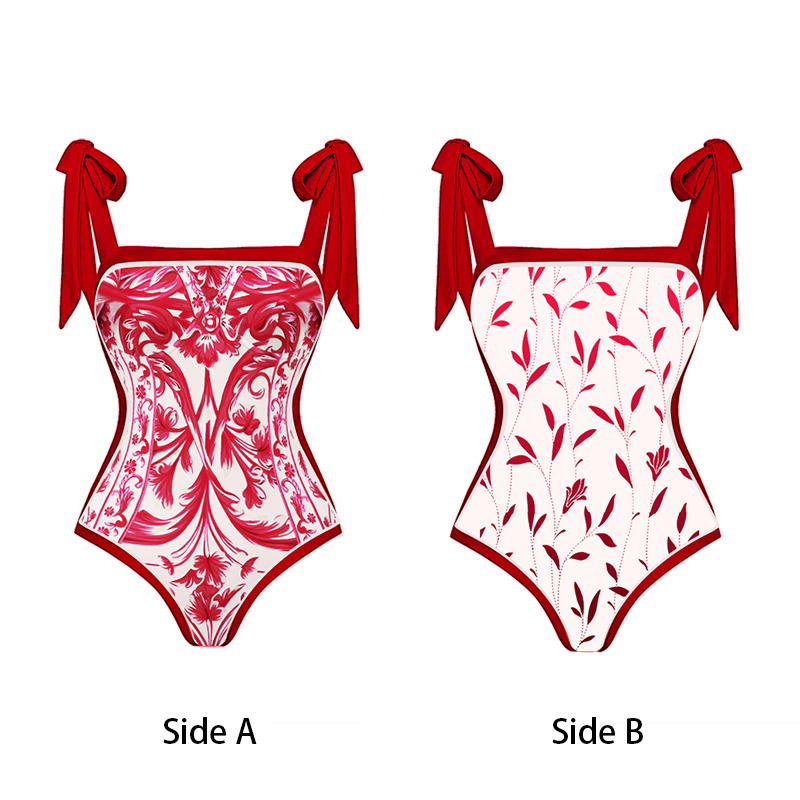 Reversible Tie-shoulder Baroco Style Printed One Piece Swimsuit and Skirt