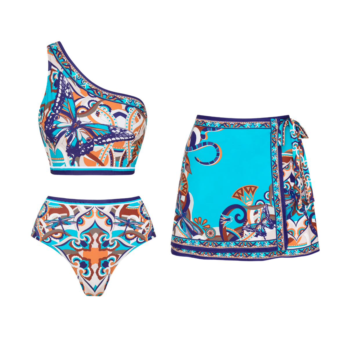 Butterfly and Dragonfly One Shoulder Hollow Print Bikini Swimsuit and Skirt	