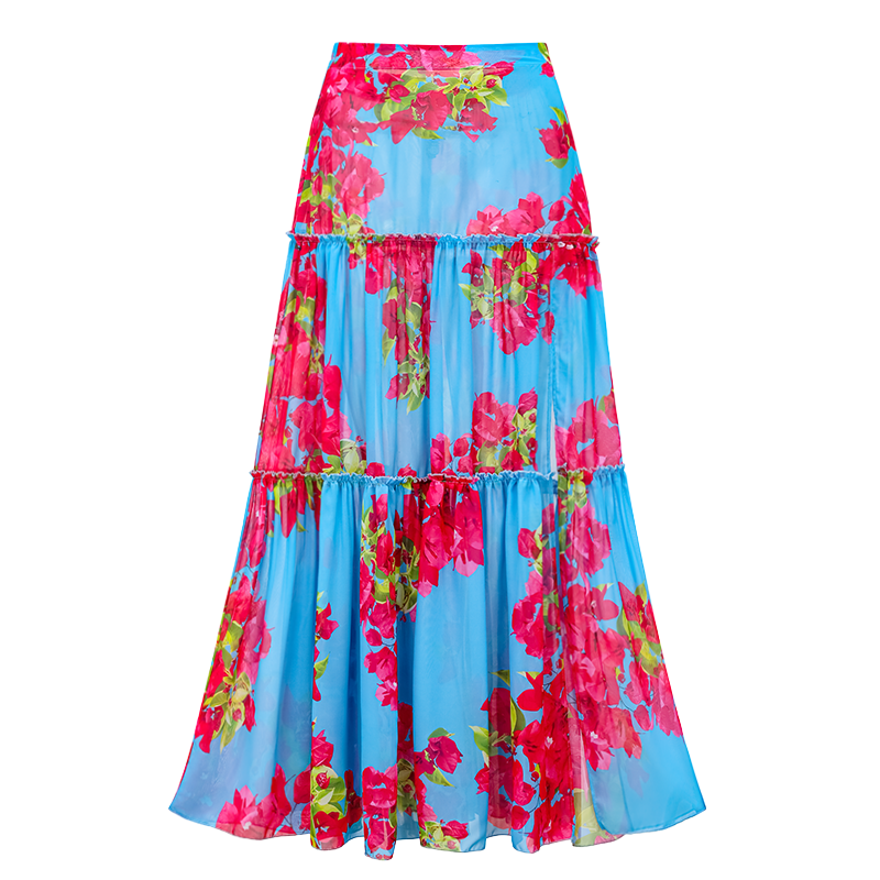Ruffle Removable Shoulder Strap Pink Bougainvillea Flower Printed One Piece Swimsuit and Skirt Flaxmaker	