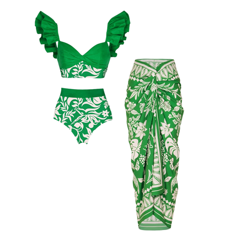 Ruffle Green Bikini Swimsuit and Sarong