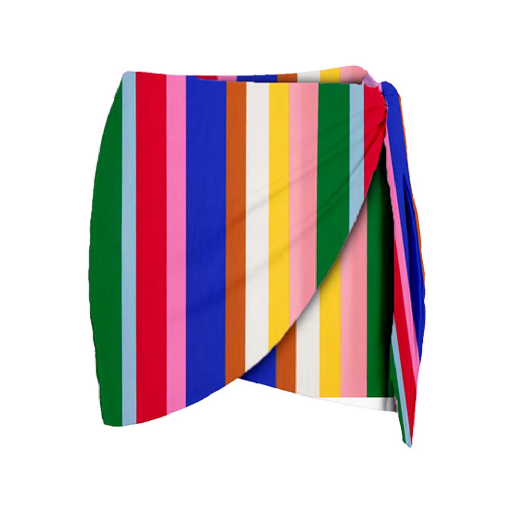 Colorful Stripe Print V-neck One Piece Swimsuit and Skirt	