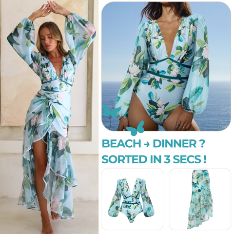 Long-sleeved Mangnolia Print One Piece Swimsuit and Skirt