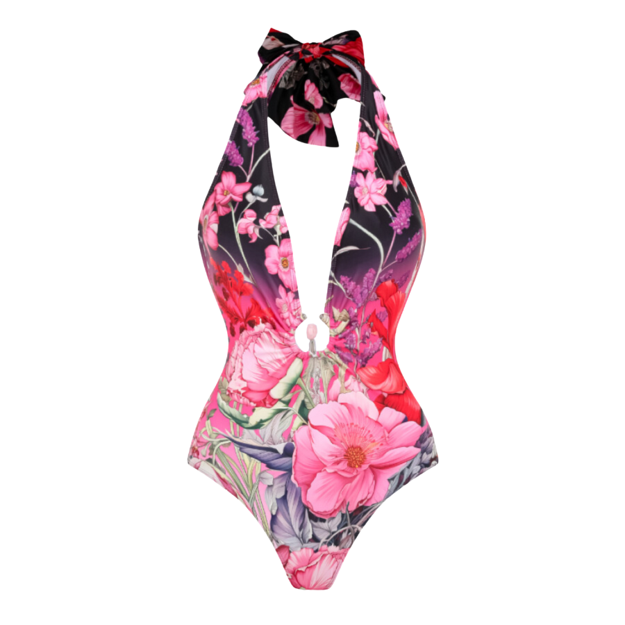 Deep V Neck Halter Printed One Piece purple	