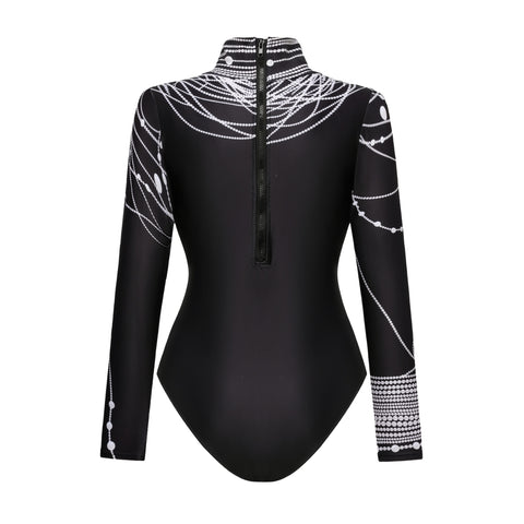 Long-Sleeved Pearl Print Surfing One Piece purple	