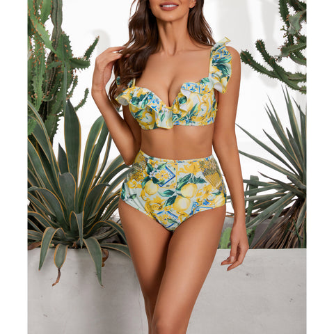 Lemon Print Ruffle Strap Bikini Swimsuit and Mesh Splicing Sarong