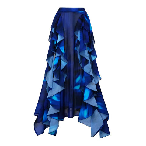 Blue Blooming Ruffle One Piece Swimsuit and Skirt
