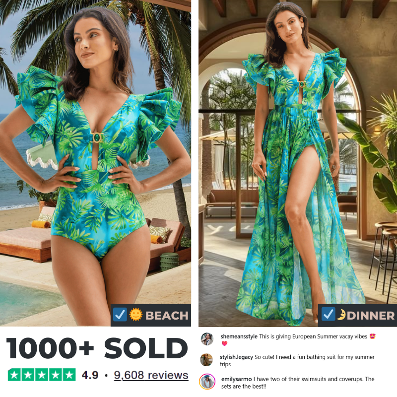 Ruffled Jungle Green Print One Piece  Swimsuit and Skirt	