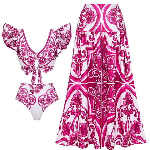Ruffle Classic Majolica Series Pattern Print Bikini Swimsuit and Skirt or Shorts	