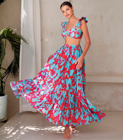 Printed Ruffled Starp High Waist Bikini Swimsuit and Skirt