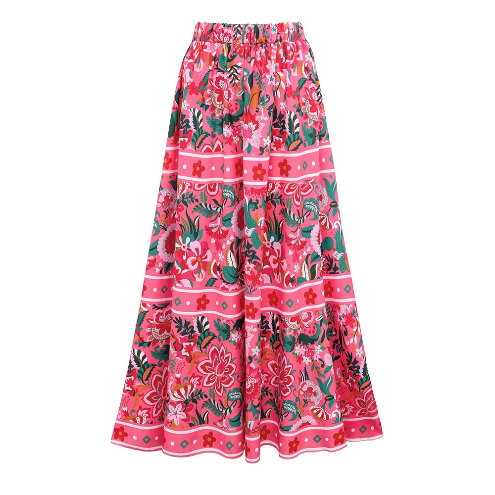 Pink Floral Paradise Print V-neck One Piece Swimsuit and Skirt	