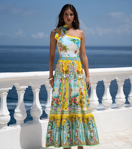Reversible One Shoulder Bougainvillea Print Swimsuit Set(s)