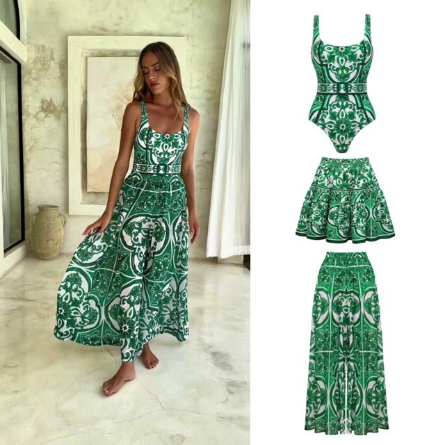 Classic Majolica Series Pattern Print One Piece Swimsuit and Pants or Skirt	