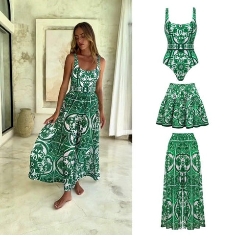 Classic Majolica Series Pattern Print One Piece Swimsuit and Pants or Skirt	