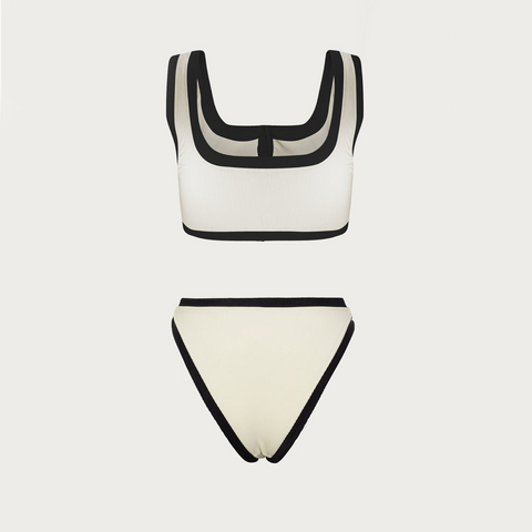 Button Detail Black and White High Waist Bikini Swimsuit